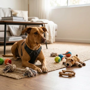 Perro aburrido rodeado de juguetes en la sala