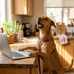 Perro pidiendo atención junto a un laptop en la cocina