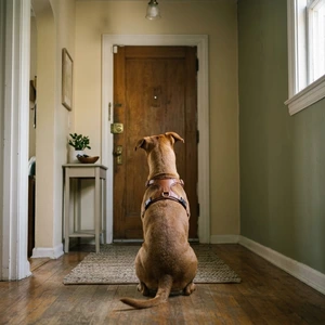 Perro esperando frente a la puerta con ansiedad por separación