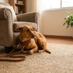 Perro con ladrido por miedo escondido junto a un sillón